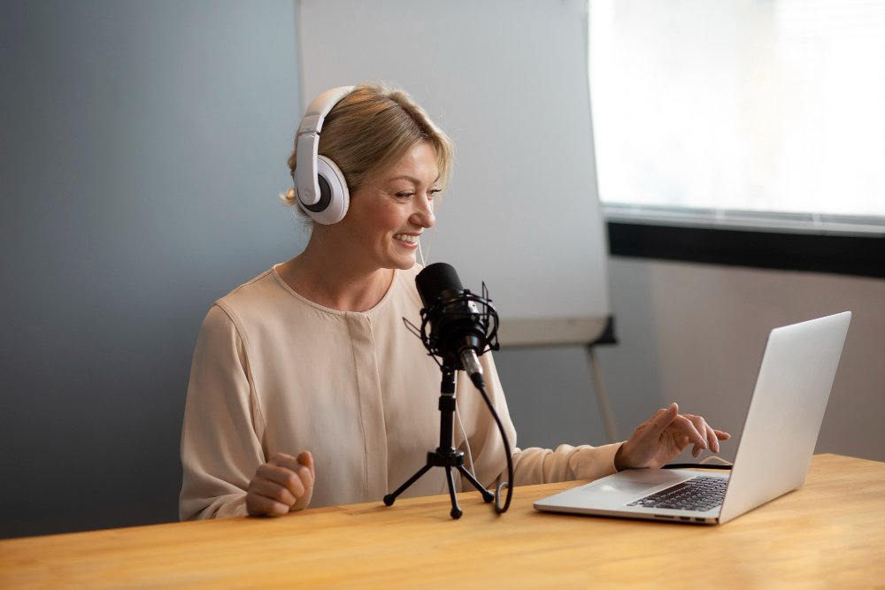 une jeune femme enregistre son premier podcast et se prépare à le diffuser sur les plateformes